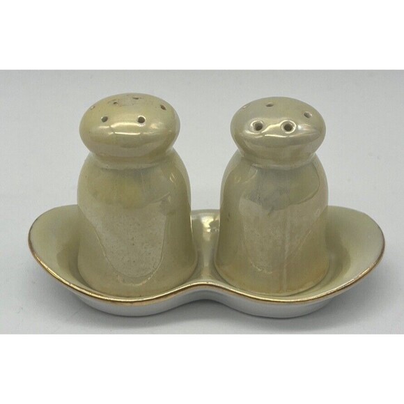 Mini Salt & Pepper Shaker Set With Tray Germany Lusterware Yellow Cute - Picture 1 of 5